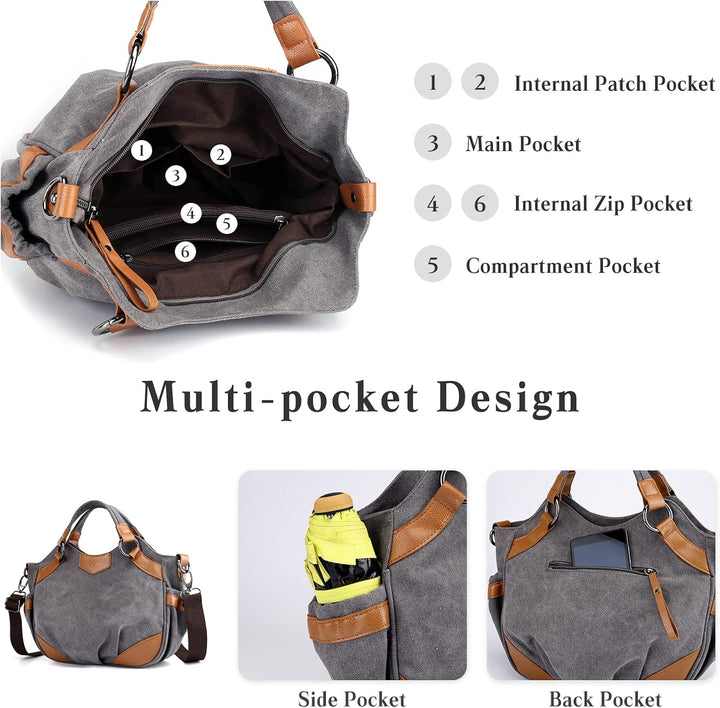 PORRASSO Casual Umhängetasche Damen Schultertasche Segeltuch Handtasche Frauen Crossbody Bag für Sho