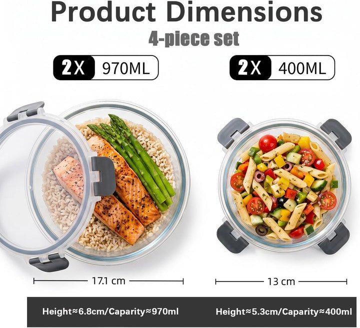 Glasbehälter mit Deckel, 4-teilig Meal Prep Boxen &amp; Frischhaltedosen (400ml &amp; 970ml) aus Borosilikat