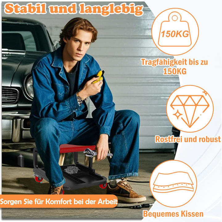 Aufun Werkstatthocker mit Rollen, Werkstatt Rollsitz 150kg belastbar, Arbeitshocker mit Ablage, 4 be