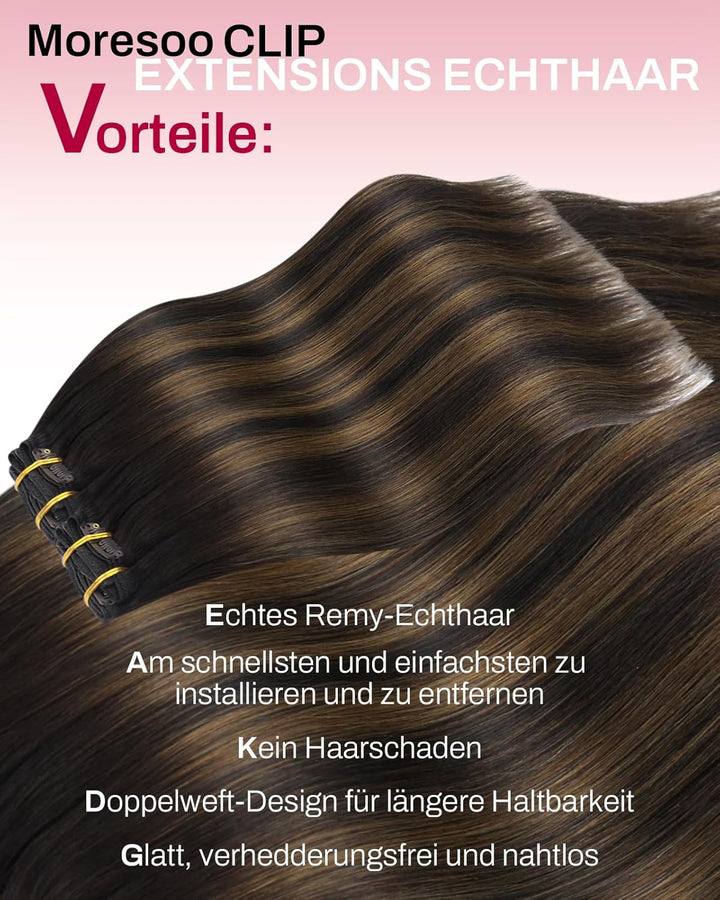 Moresoo Haarverlängerung Echthaar Clip in Extensions Echthaar Balayage Dunkelstes Braun mit Mittelbr