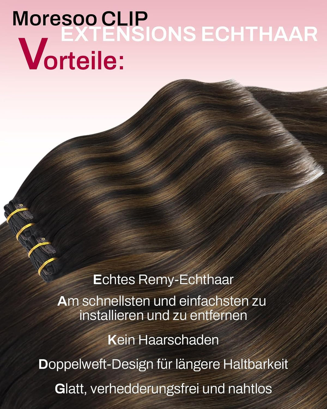 Moresoo Clip in Extensions Echthaar Balayage Braun Haarverlängerung Echthaar Clip Extensions Echthaa
