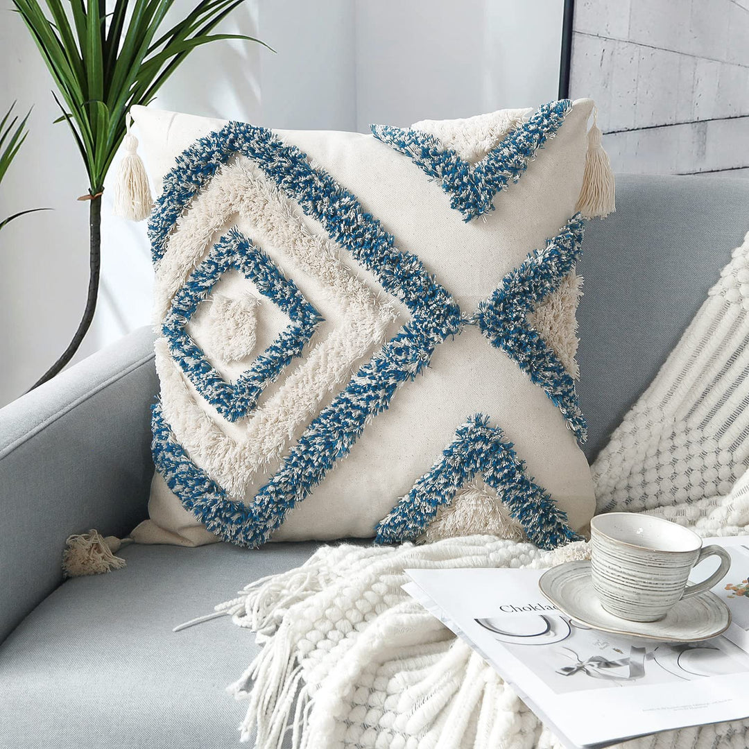 Jasen Dekorativer Boho-Kissenbezug, gewebt, getuftet, mit Quasten, Rautenmuster, für Couch, Sofa, Sc