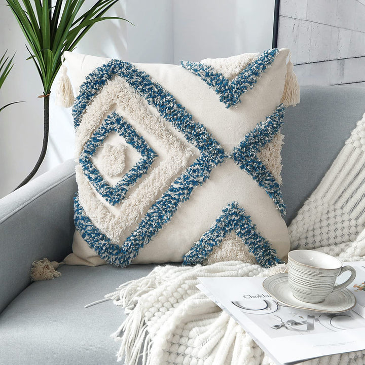 Jasen Dekorativer Boho-Kissenbezug, gewebt, getuftet, mit Quasten, Rautenmuster, für Couch, Sofa, Sc