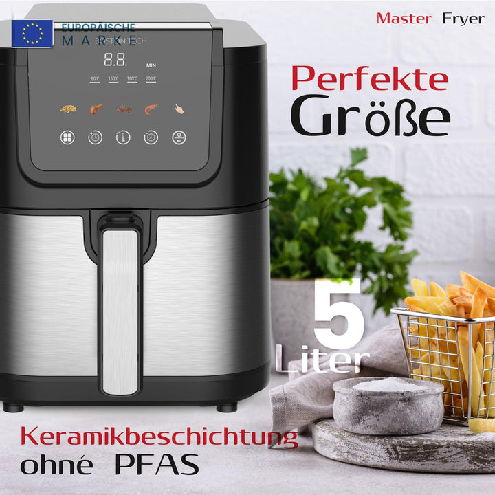 Boston Tech® Master Fryer 5L Heissluftfritteuse | Air Fryer 1500W + 5 Programme + Touchscreen-Steuer