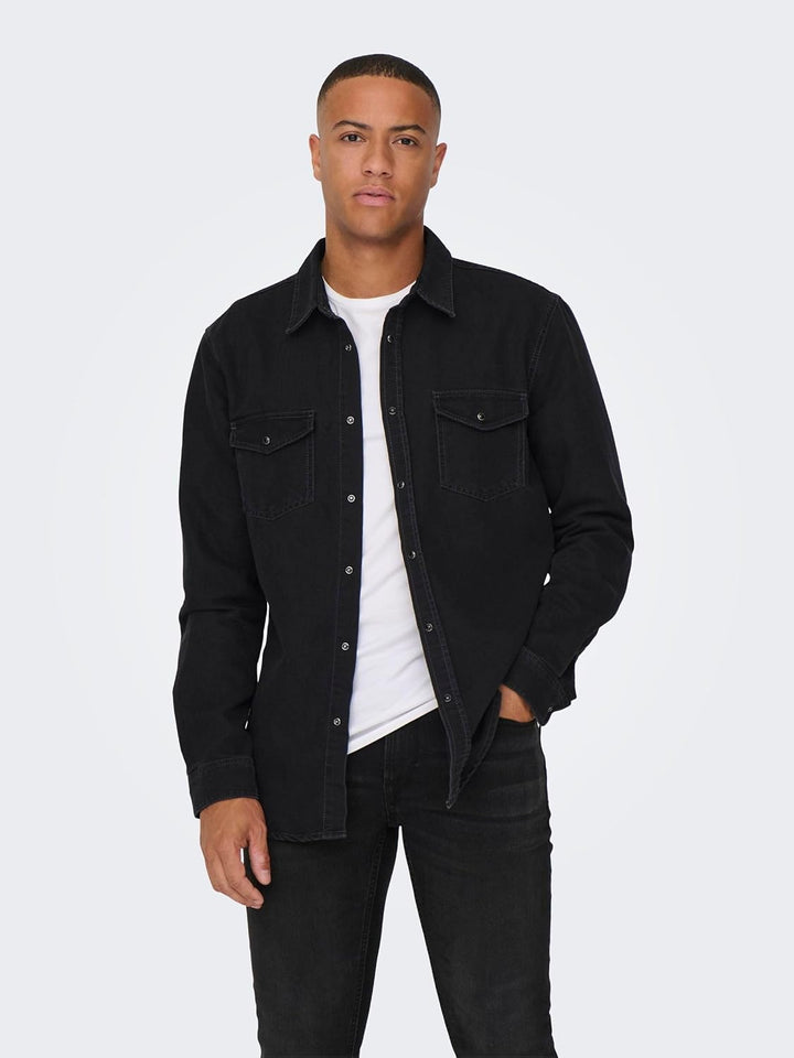 ONLY &amp; SONS Male Jeanshemd Normal geschnitten Hemdkragen Hemd XS Dark Grey Denim, XS Dark Grey Denim