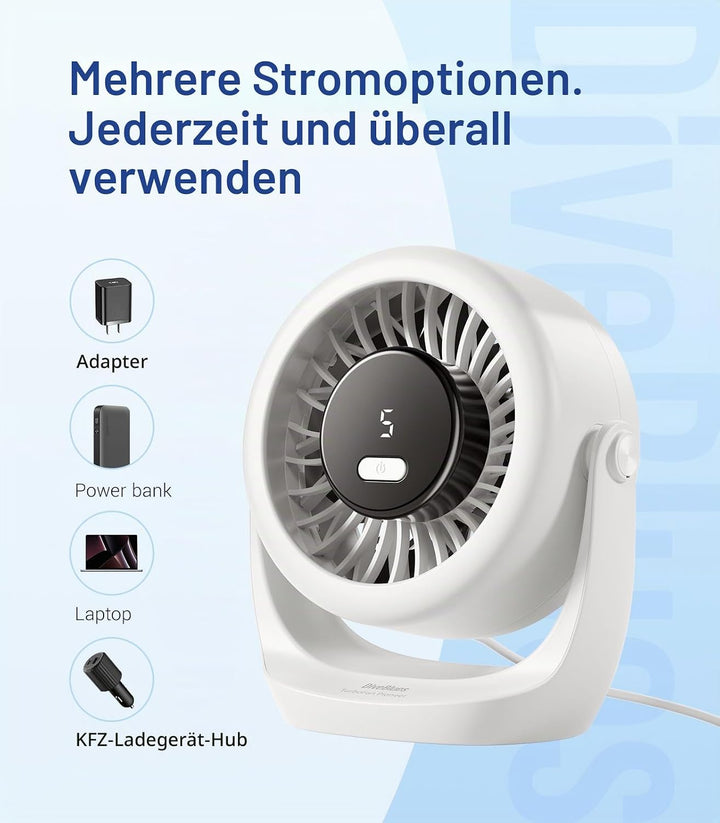 Diveblues USB Turbo Tischventilator, Ultra-Leiser Mini Ventilator, Leistungsstarker Wind, LED-Displa