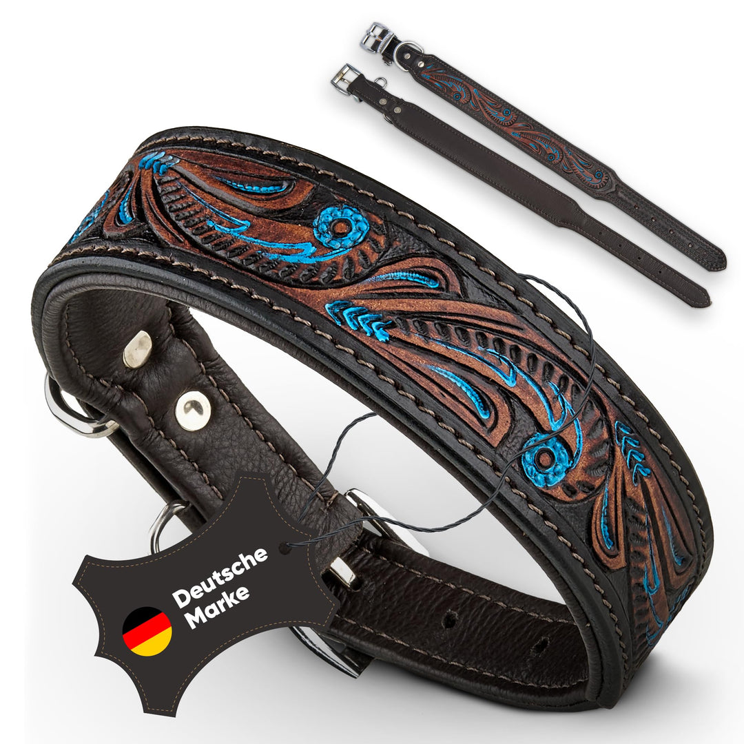 MICHUR Luis Hundehalsband Leder, Lederhalsband Hund, Halsband, Braun mit blauen Akzenten und schönem