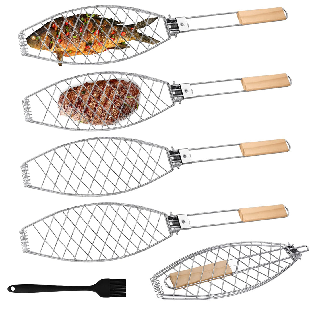 Fisch Grillhalter mit Holzgriff 4er, 63x12cm Grosse Fischbräter Fischgriller mit Griff, Edelstahl Gr