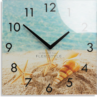 FLEXISTYLE Wanduhr küche Wohnzimmer 30 x 30 cm, aus Glas, mit Direktdruck eckig modern (Sommerurlaub