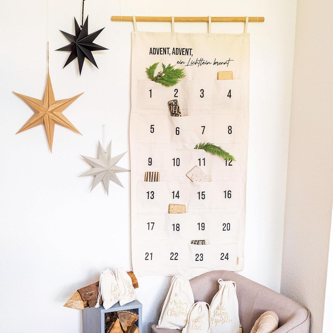 Papierdrachen 24 Adventskalender aus Stoff zum Befüllen - ein Lichtlein brennt - hochwertig bestickt