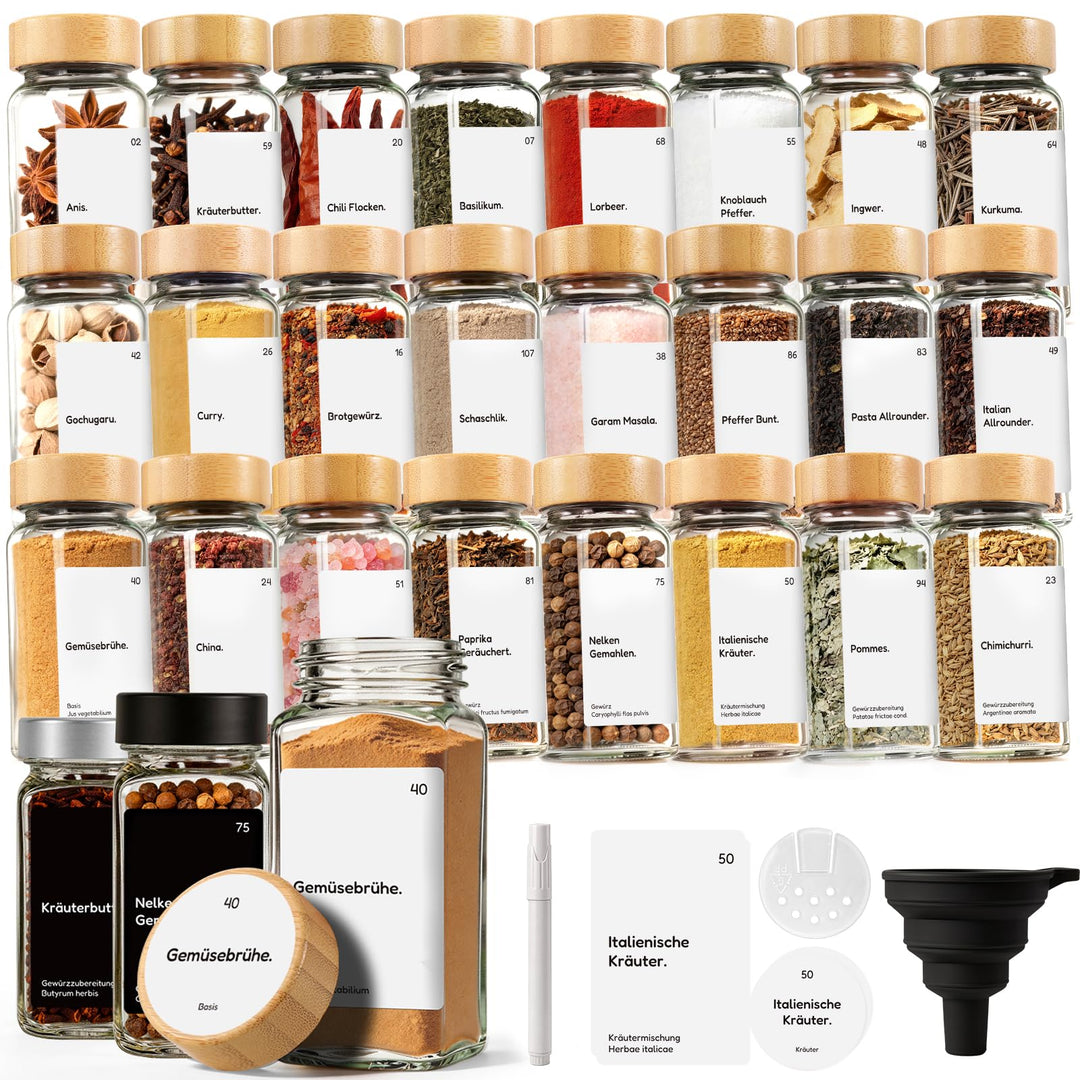 MHDCLY 24er Set Gewürzgläser Eckig mit Bambusdeckel (120ml) - Luftdichte Spice Jars & Gewürzstreuer