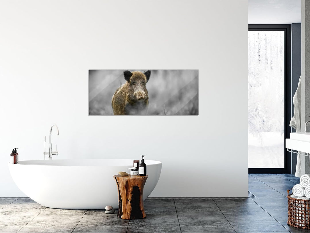 Glasbild Panorama | Wandbild aus Echtglas | einsames Wildschwein im Wald | 120x50 cm | inkl. Aufhäng