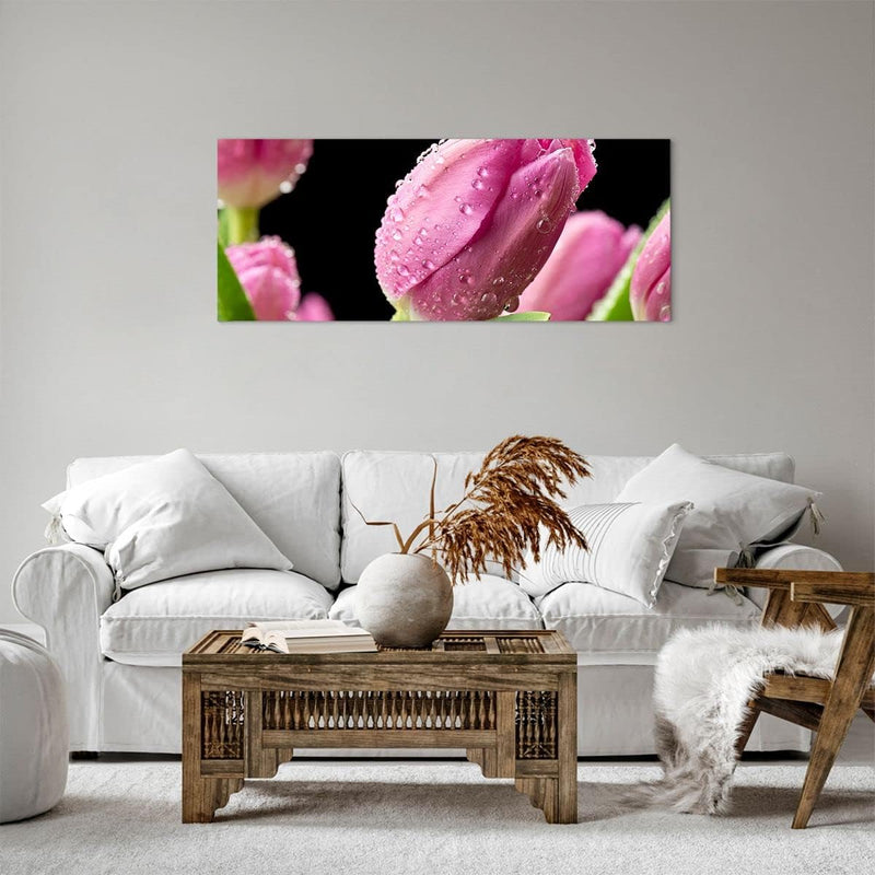 Panorama Bilder auf Leinwand 100x40cm Leinwandbild Tulpe Blumen Tau Gross Wanddeko Bild Schlafzimmer