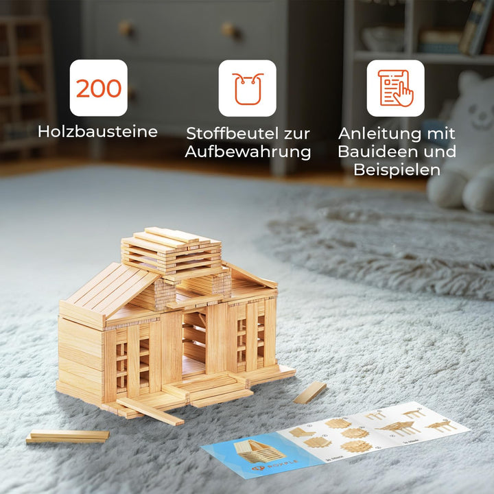 ROXPLE Holzbausteine Natur 2OO Stück, Montessori Spielzeug für Kinder ab 3 Jahren, Klötzchen zum Bas
