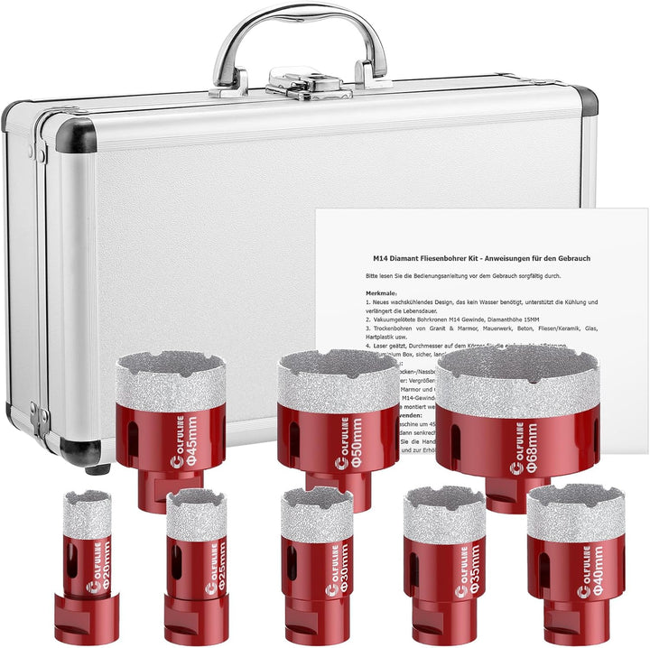 COLFULINE 8PCS Diamantbohrer Set Lochsäge Bohrkrone 20/25/30/35/40/45/50/68 mm Fliesenbohrer Glasboh