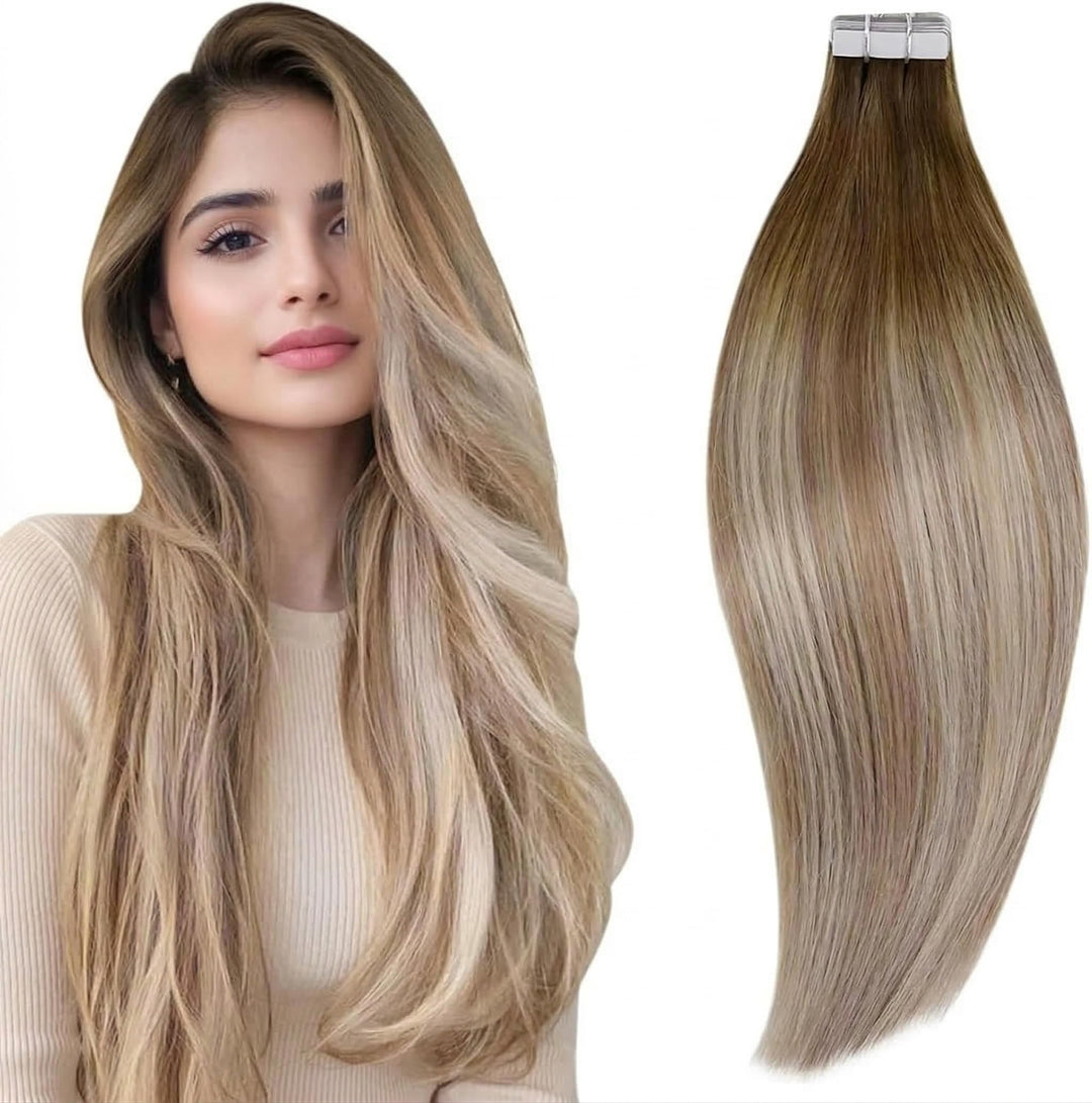 RUNATURE Ombre Tape in Extensions Echthaar Braun Blond Unsichtbare Haarverlängerung Remy Tape Extens