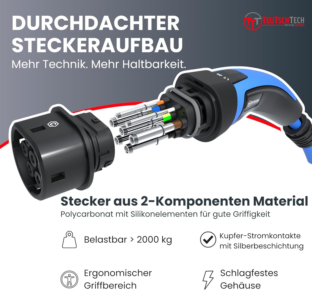 TEUTSCHTECH, EV Ladekabel blau I 7,5M I TYP2 - TYP2 I 11kW I 3X16A I 3-phasig I Mit Lade- Temperatur