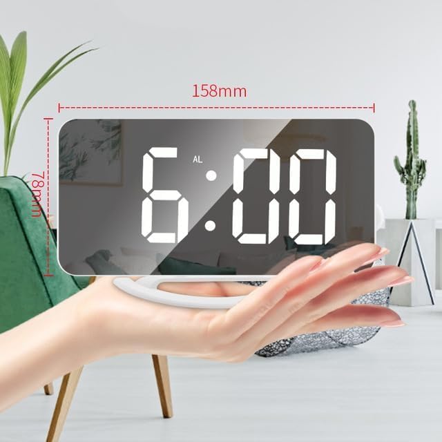 INF Digitalwecker mit Spiegelglas / weiss, Tischuhr in modernem Design mit LED-Ziffern