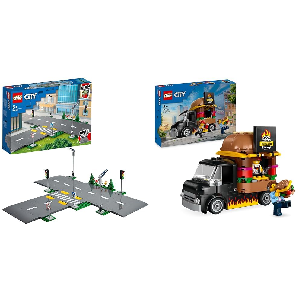 LEGO City Strassenkreuzung mit Ampeln, Bauset mit im Dunkeln leuchtenden Steinen 60304 & City Burger