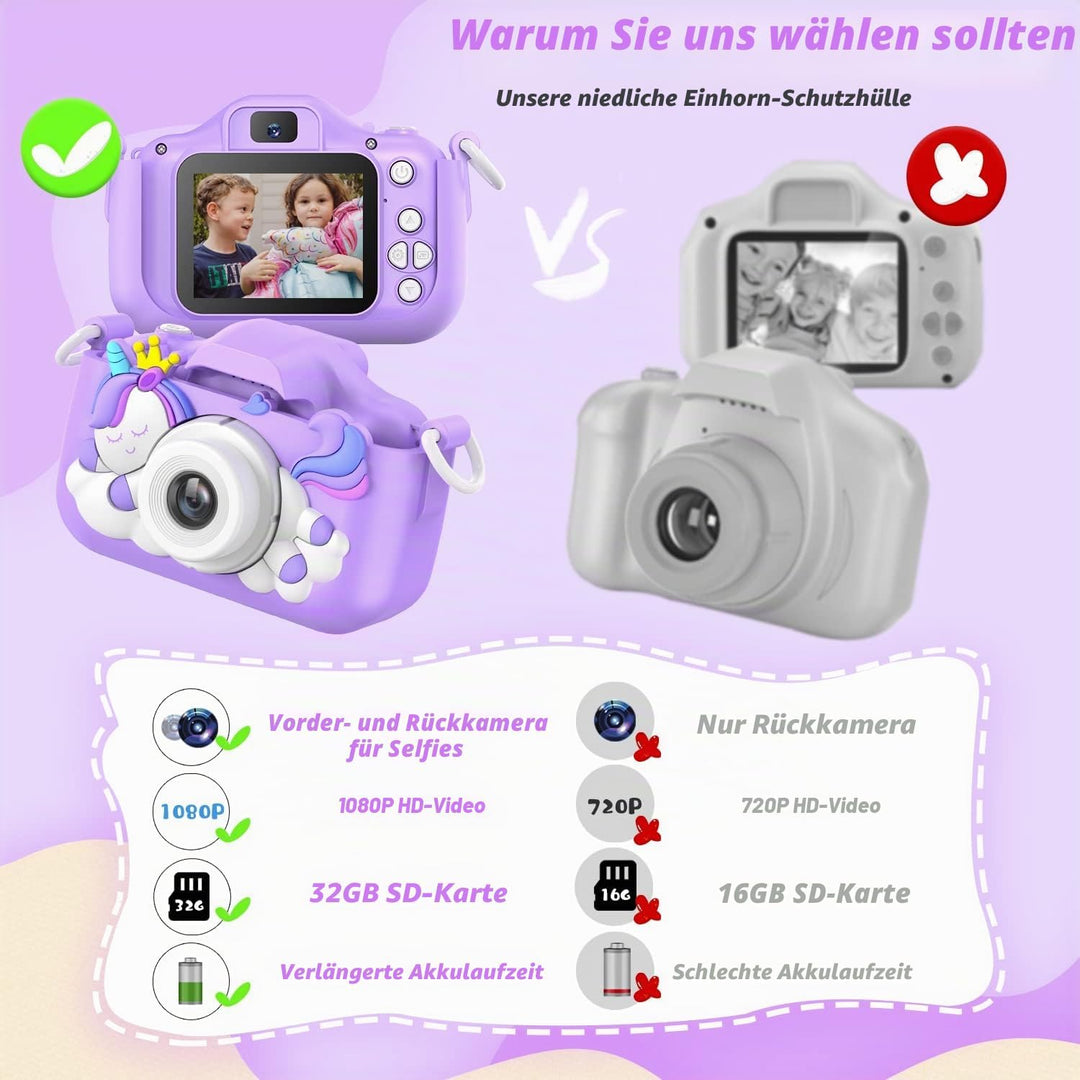HOOMOON Dinosaurier Kamera für Kinder, Selfie-Kamera, Spielzeug, Mädchen, Jungen, SD-Karte 32 GB, HD
