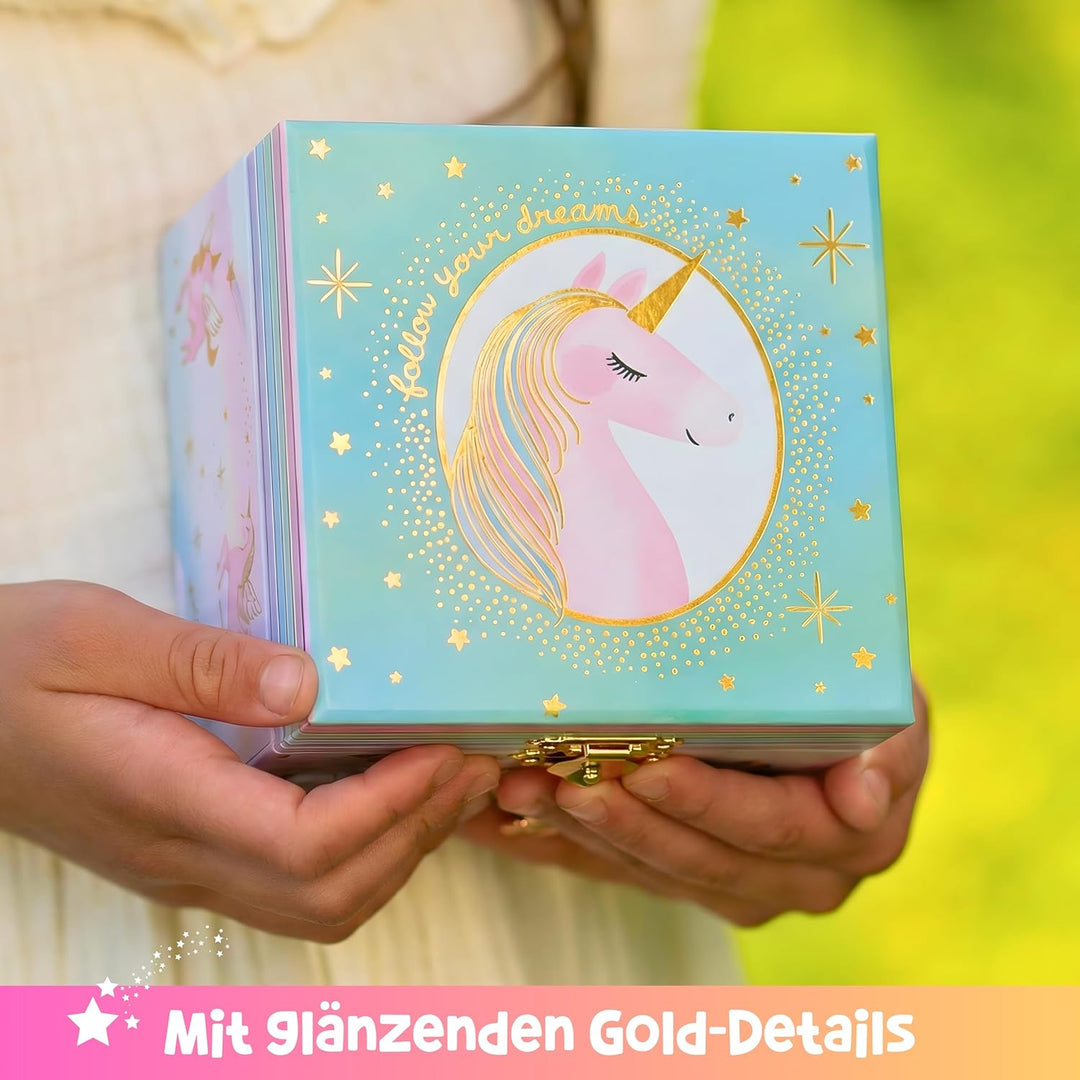 Musikalisches Einhorn-Schmuckkästchen für Mädchen – Kinder tanzende Einhorn-Spieluhr mit Spiegel, Ei