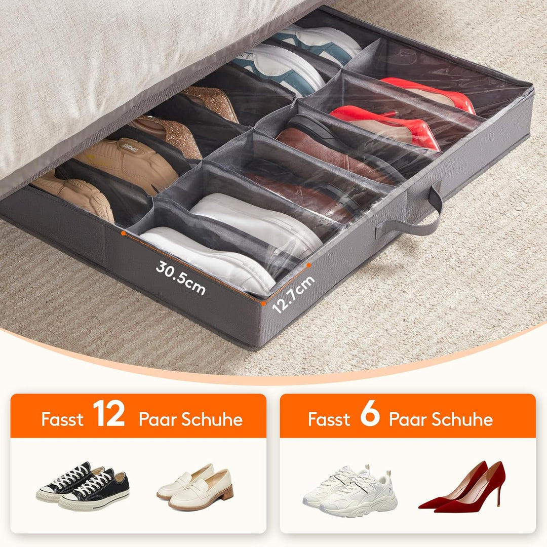 Lifewit Unter-dem-Bett-Schuhbox, 2er-Pack (12+4 Paar), 11 cm hohe Stoffbox faltbar mit transparentem