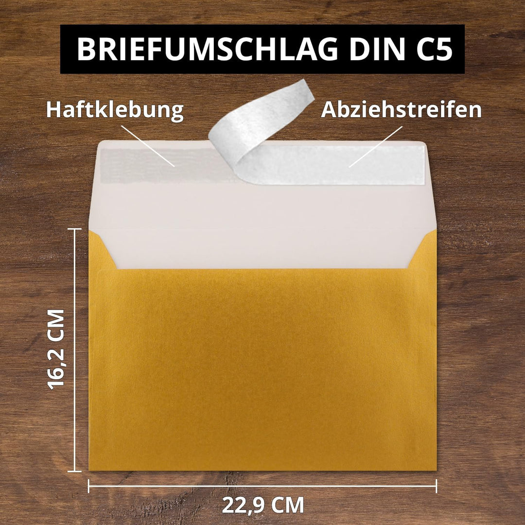 75x Briefumschläge DIN C5 Gold Metallic - 16,2 x 22,9 cm - Haftklebung - glänzende Kuverts für gross