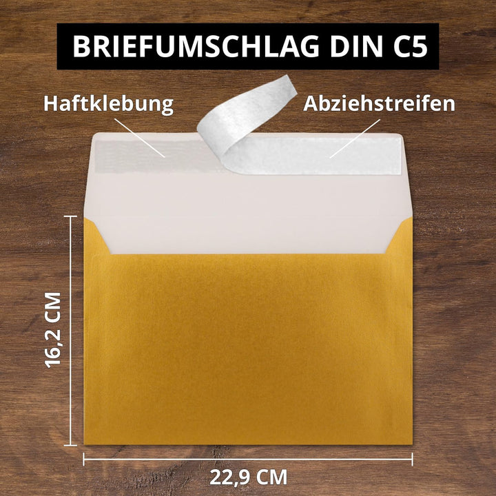 75x Briefumschläge DIN C5 Gold Metallic - 16,2 x 22,9 cm - Haftklebung - glänzende Kuverts für gross
