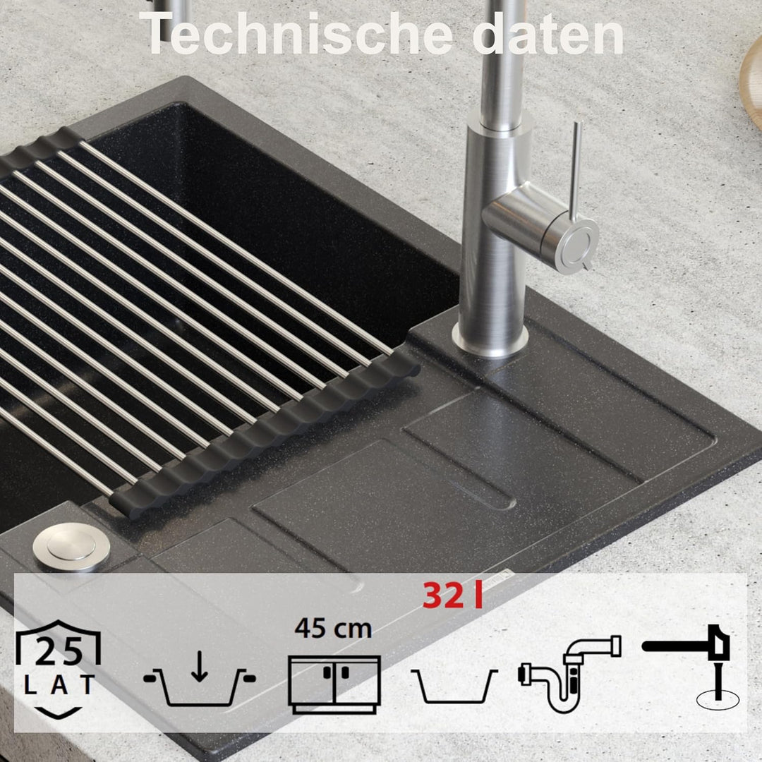 QUADRON | MORGAN 116 | Granitspüle | 1-Becken-Einbau | Masse: 62 x 50 x 22 cm | Schrankunterbau von: