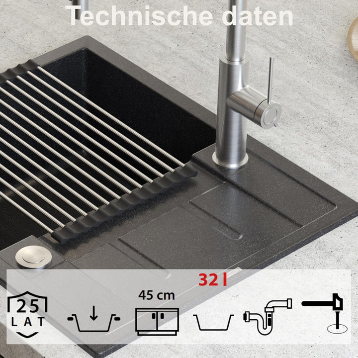 QUADRON | MORGAN 116 | Granitspüle | 1-Becken-Einbau | Masse: 62 x 50 x 22 cm | Schrankunterbau von: