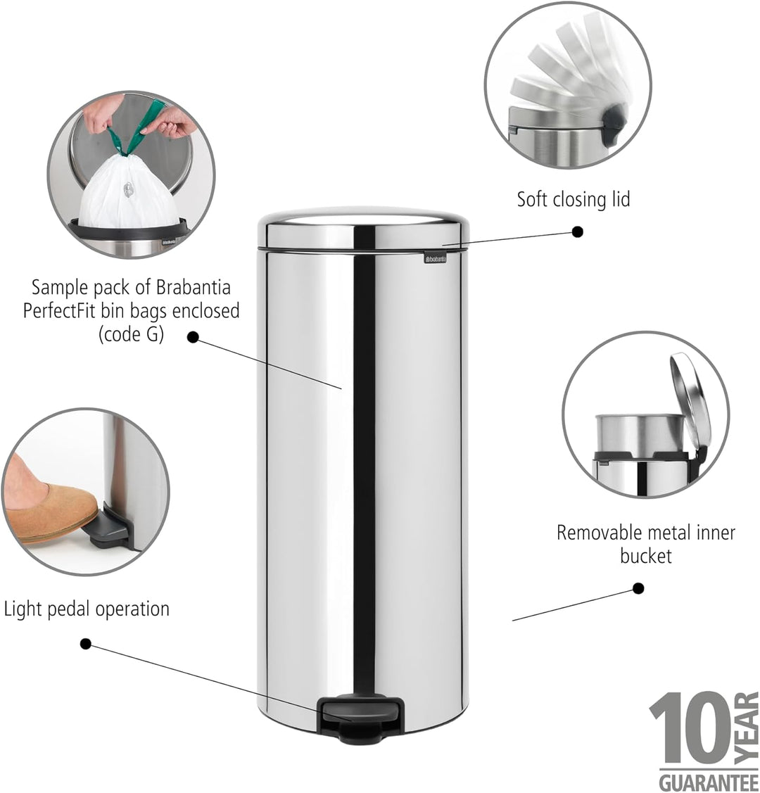Brabantia Treteimer mit Inneneimer aus Metall, plastik metall, Glänzender Stahl, 30L 30 Liter Brilli