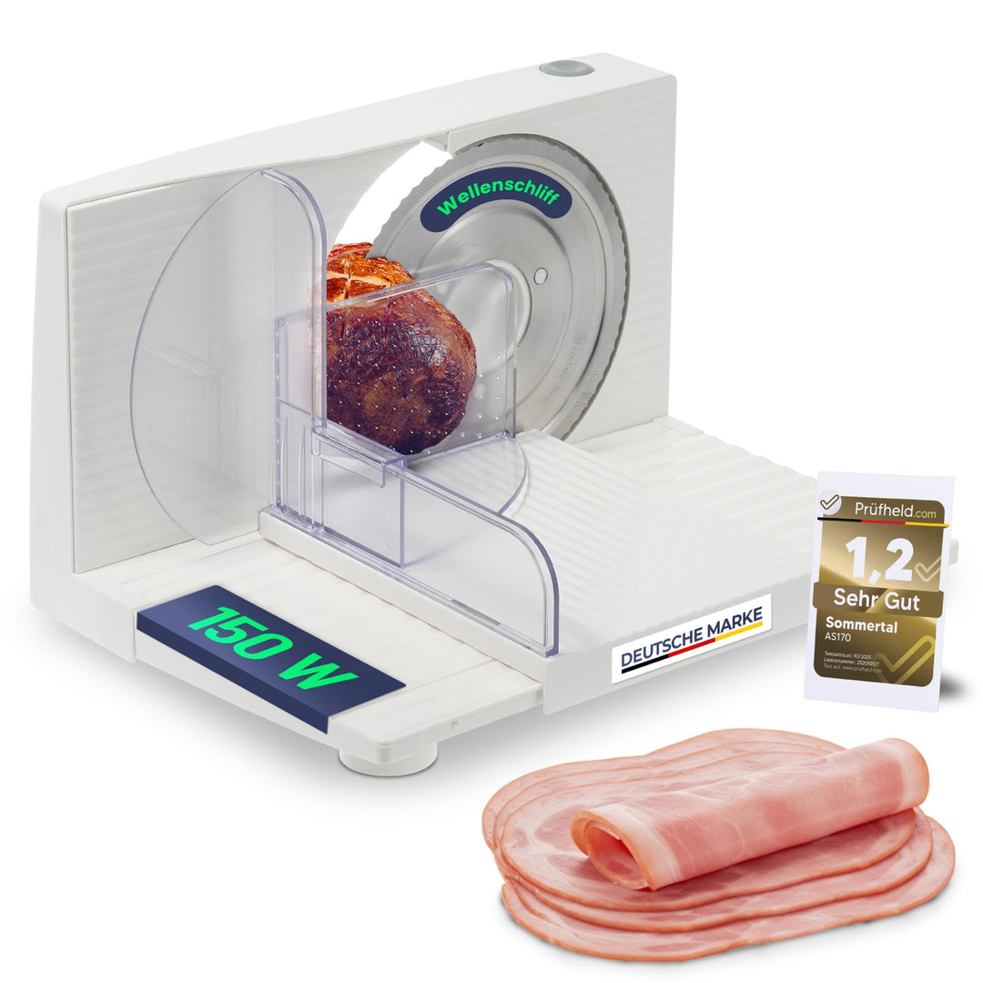 Sommertal Allesschneider AS170 150W Edelstahlmesser mit Wellenschliff, Klappbar platzsparend, elektr
