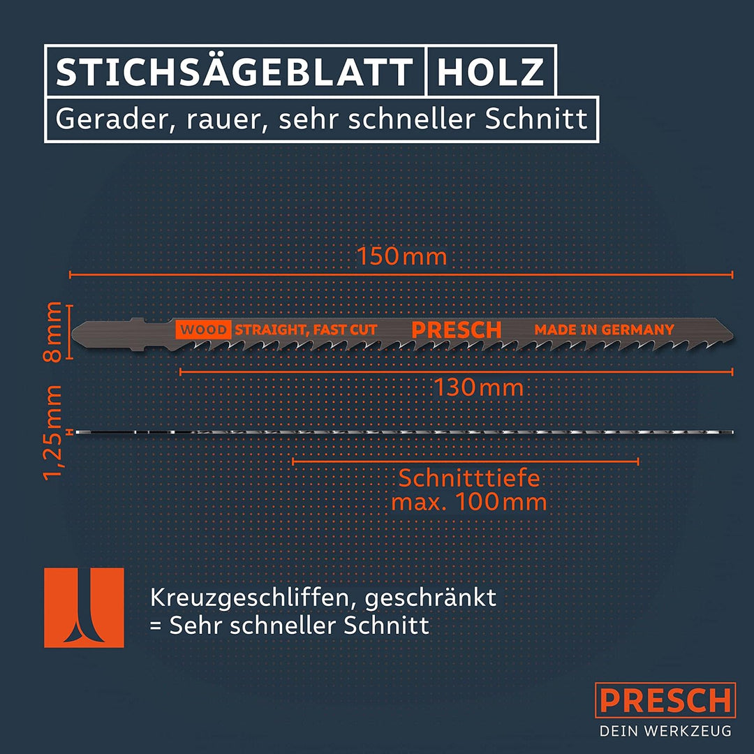 Presch Stichsägeblätter Holz 10 Stk. (Lang) - Extrem schneller, gerader Schnitt (5-100mm) - Profi St
