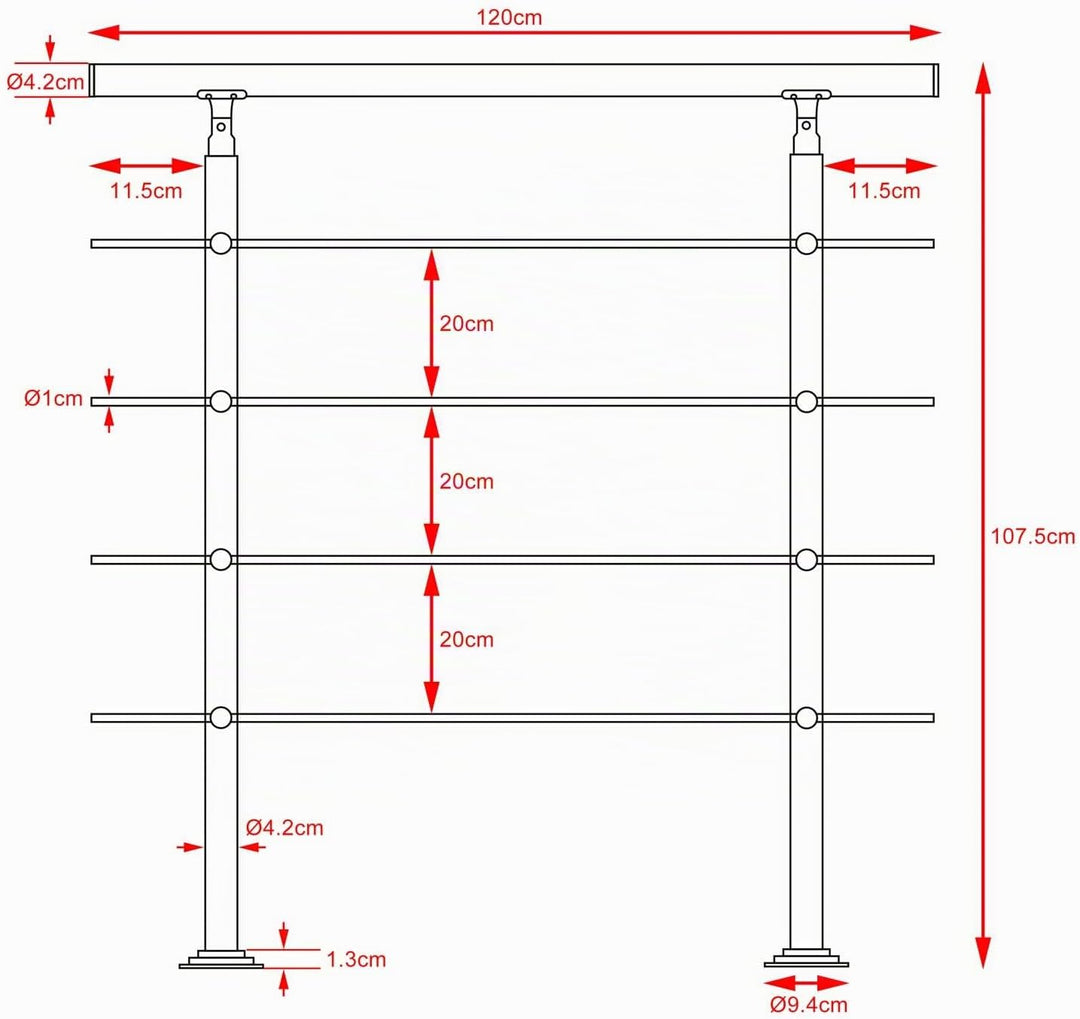 MONZANA® Treppengeländer Edelstahl Pflegeleicht 120cm mit 4 Querstreben Innen und Aussen Handlauf Ge