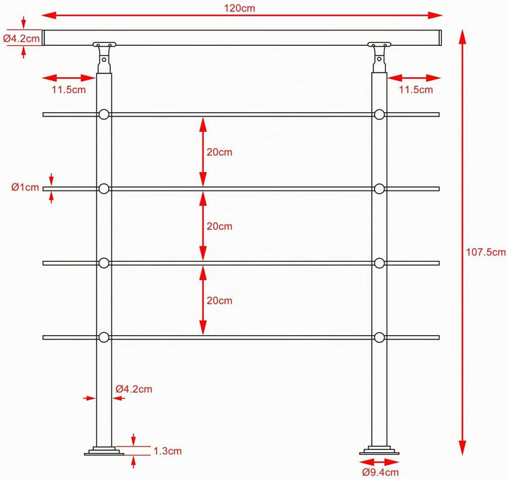 MONZANA® Treppengeländer Edelstahl Pflegeleicht 120cm mit 4 Querstreben Innen und Aussen Handlauf Ge