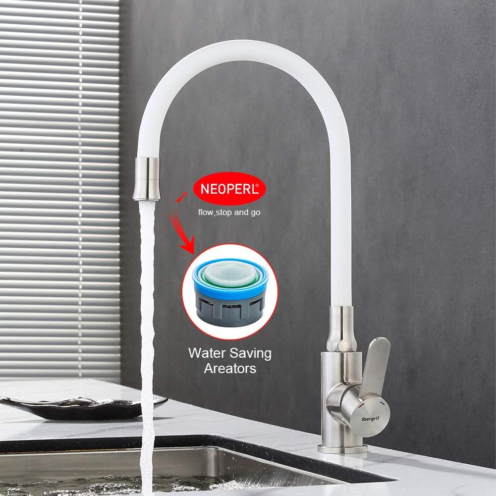 Ibergrif, Einhebel Küchenarmatur, Wasserhahn für Küche mit Weiss Flexibler Auslauf, Supersteel, Weis