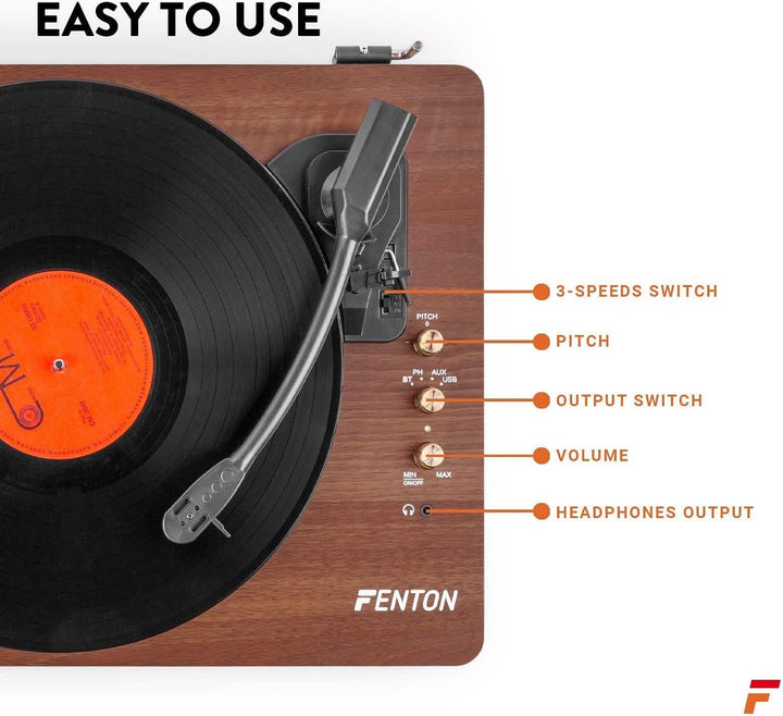 Fenton RP162D Schallplattenspieler Bluetooth Plattenspieler mit Lautsprecher, Pitch Control, MP3, RC