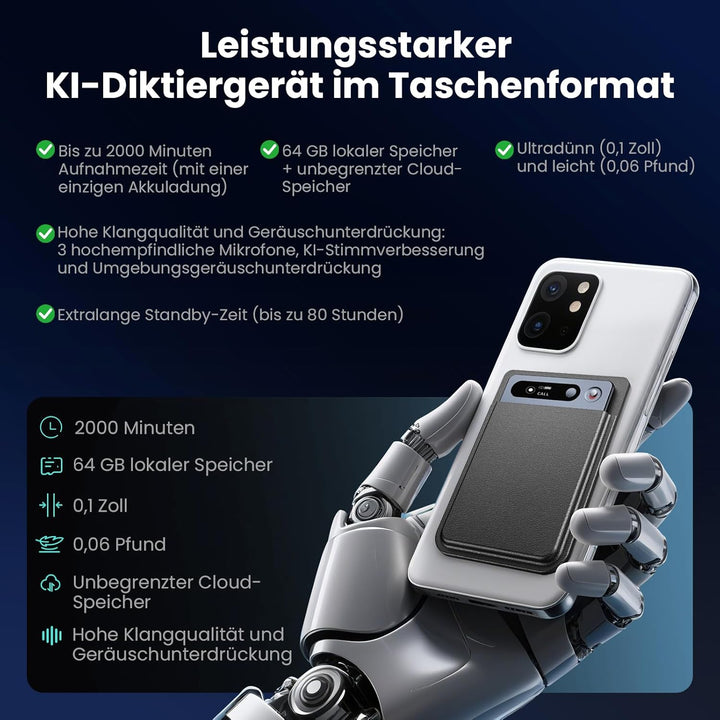 KI Digitales Diktiergerät Mit Hülle,64GB Aufnahmegerät Mit KI Transkription & Zusammenfassung,Tragba