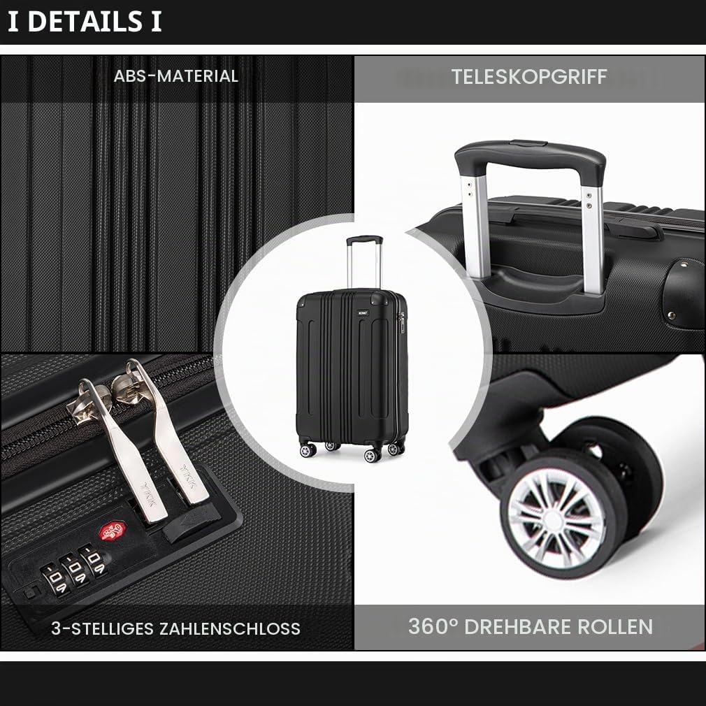 KONO Trolley Handgepäck Koffer 55x35x20cm Rollkoffer Reisekoffer mit 4 Rollen und Schloss (Schwarz),