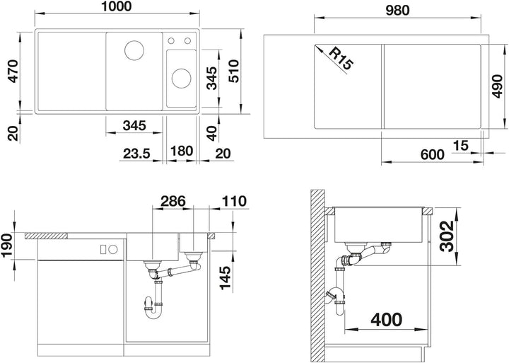 BLANCO AXIA III 6 S | SILGRANIT felsgrau | Einbauart: Einbau von Oben | Hauptbecken links | mit Holz