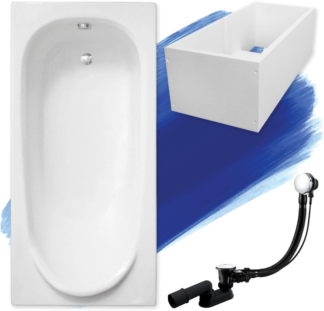 BADLAND Badewanne Original Weiss Acryl Wanne Rechteck MEDIUM 160x75 KOMPLETTSET SET mit Premium Wann