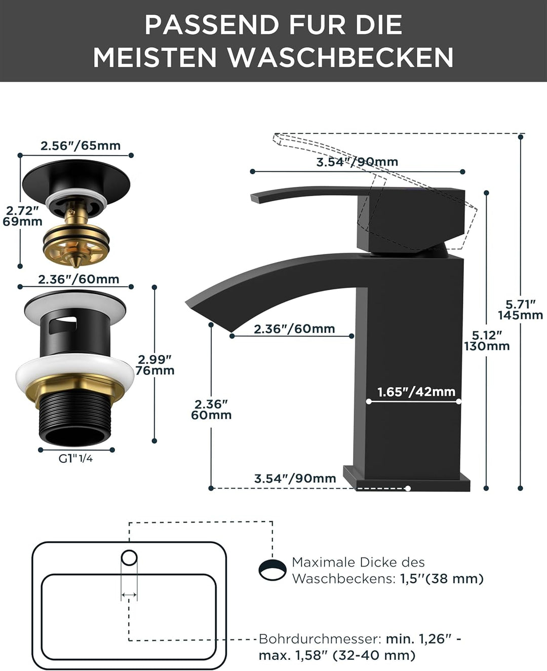 FORIOUS Wasserhahn Bad Schwarz mit Ablaufgarnitur, Wasserfall Waschtischarmatur mit Auslauf Höhe 60