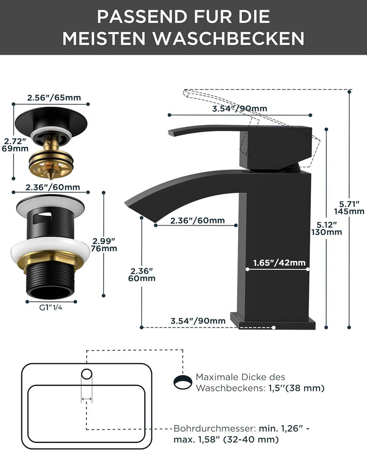 FORIOUS Wasserhahn Bad Schwarz mit Ablaufgarnitur, Wasserfall Waschtischarmatur mit Auslauf Höhe 60