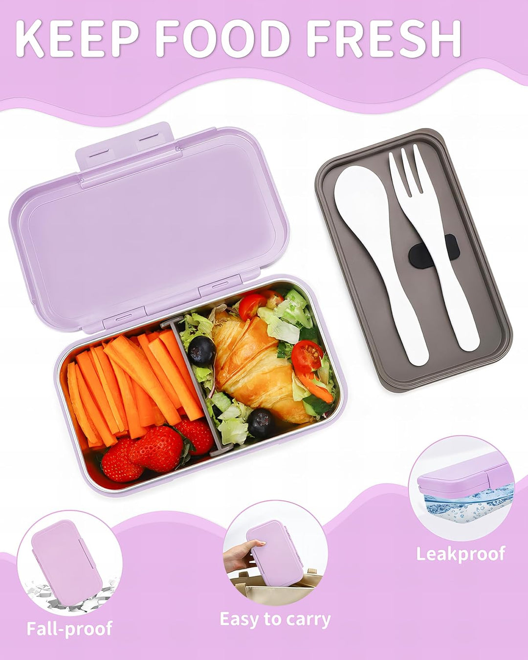 Bugucat Kinder Brotdose Edelstahl Lunchbox 900ML,Auslaufsicher Lunchbox Kinder Brotdose mit Trennwän