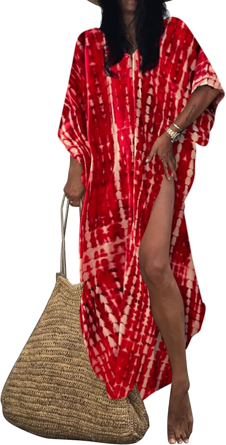 Bsubseach Damen Print Beach Kaftan Kleid Kurzarm Plus Size Strandponcho C- Rot, C- Rot