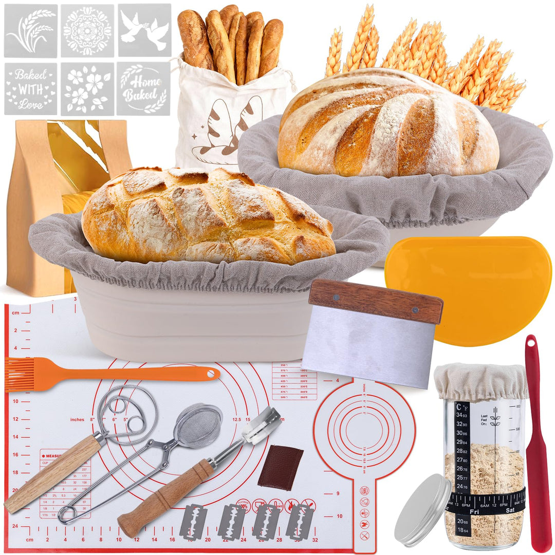 Gärkörbchen Sauerteig Starter Set – 23cm Rund & 25cm Oval Brot Gärkorb Set mit Starterglas, Komplett