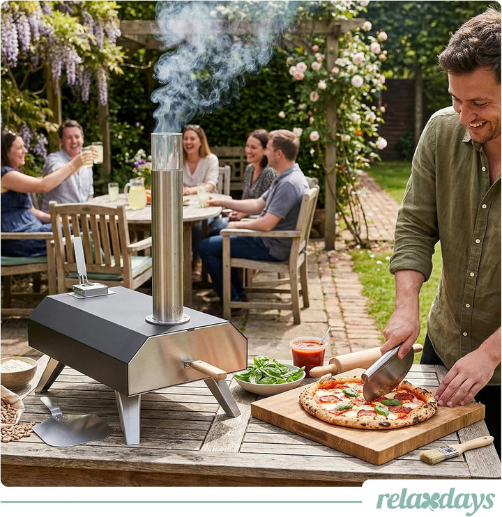 Relaxdays Pizzaofen, für Pellets, Tischpizzaofen, 400°C in 90s, schwarz | HBT 72x36x68 cm, mit Pizza