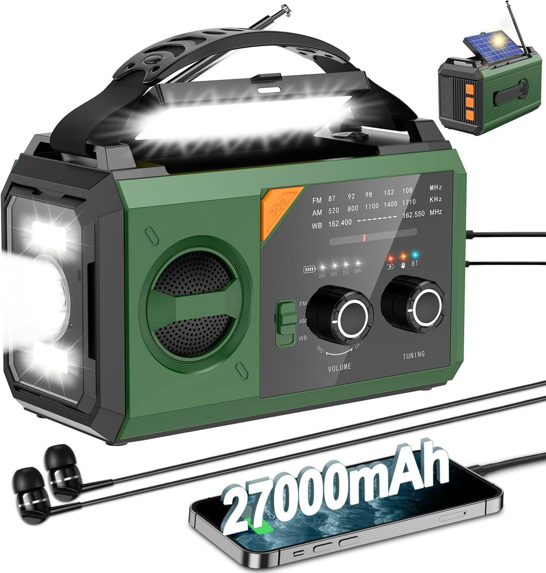 27000mAh Notfallradio mit Kurbel,Solar,Batterie und USB Betriebene,Tragbar AM/FM Wetter Radio mit Bl