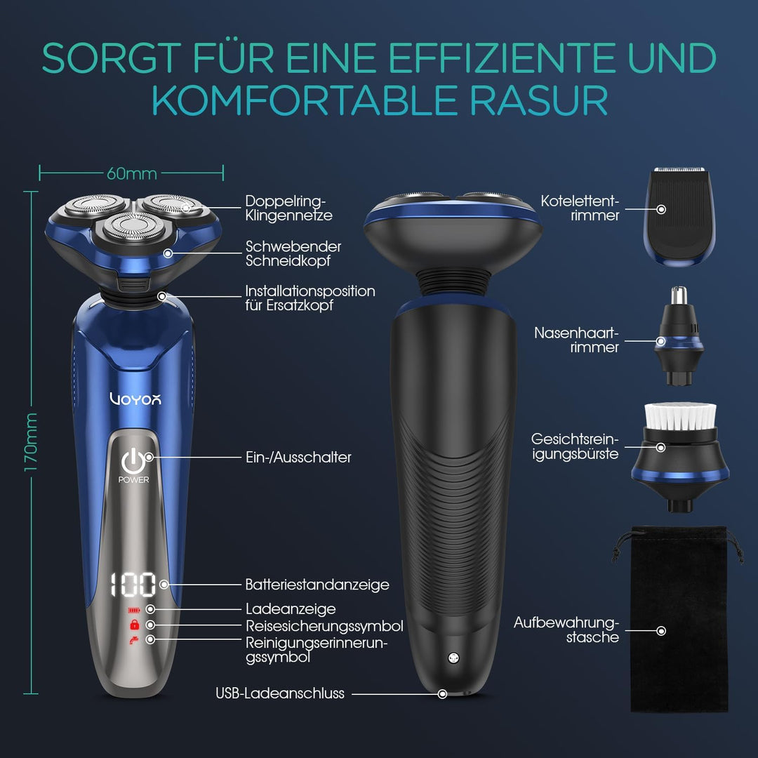 VOYOR Rasierer Herren Elektrisch Nass und Trockenrasierer Wiederaufladbarer Elektrorasierer mit LCD-