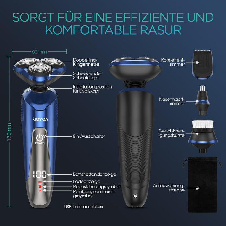 VOYOR Rasierer Herren Elektrisch Nass und Trockenrasierer Wiederaufladbarer Elektrorasierer mit LCD-